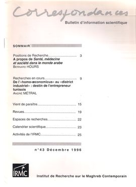 CORRESPONDENCES. NUM. 43. D�C. 1996. SANT�, M�DECINE, SOCI�T� DANS LE MONDE ARABE// DE L�