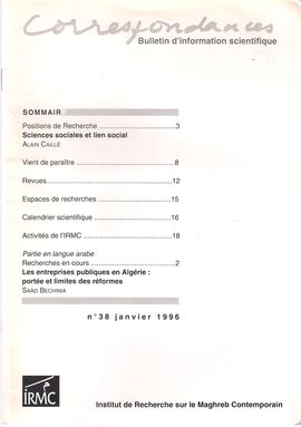 CORRESPONDANCES. NUM. 38, JANVIER 1996. SCIENCES SOCIALES ET LIEN SOCIAL// LES ENTREPRISES PUBLIQUES EN ALGRIE: PORTE ET LIMITES DES RFORMES
