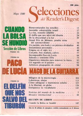 SELECCIONES DEL READER'S DIGEST. MAYO 1980/ LA BOLSA/ PACO DE LUCA/ EL DELFN/ COLONIZACIN ISRAEL/ GRAND PRIX-MNACO/ MILAGROS DE LA MICROCIRUGA/.