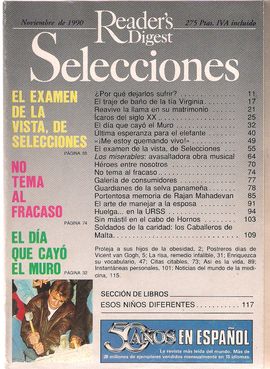 SELECCIONES DEL READER'S DIGEST. NOVIEM. 1990. EL DÍA QUE CAYÓ EL MURO/ ÍCAROS DEL SIGLO XX/ LOS MISERABLES, OBRA MUSICAL/ GUARDIANES-SELVA PAÑAMENA/ 