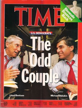 TIME. N. 30, JULY 25, 1988/ U.S. DEMOCRATS. THE ODD COUPLE. LLOYD BENTSEN-MICHAEL DUKAKIS/...